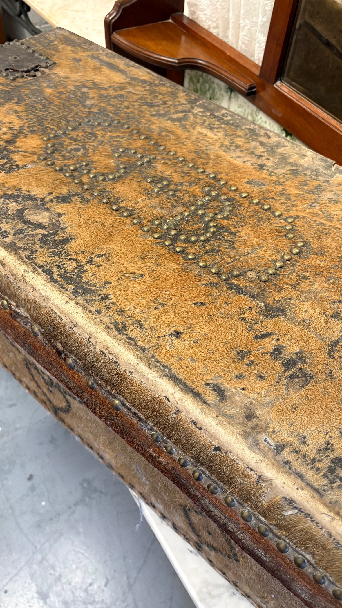Rare Irish 19th Century Hide covered trunk Stud detail SB Initial