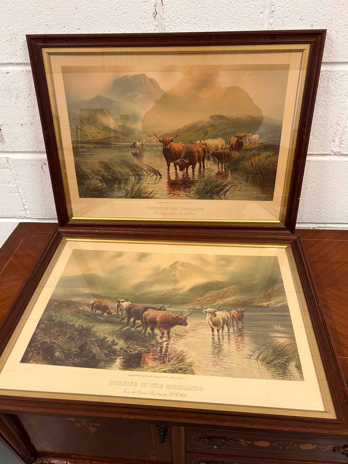 Pair of large framed vintage prints Sunrise & Sunset in the Highlands
