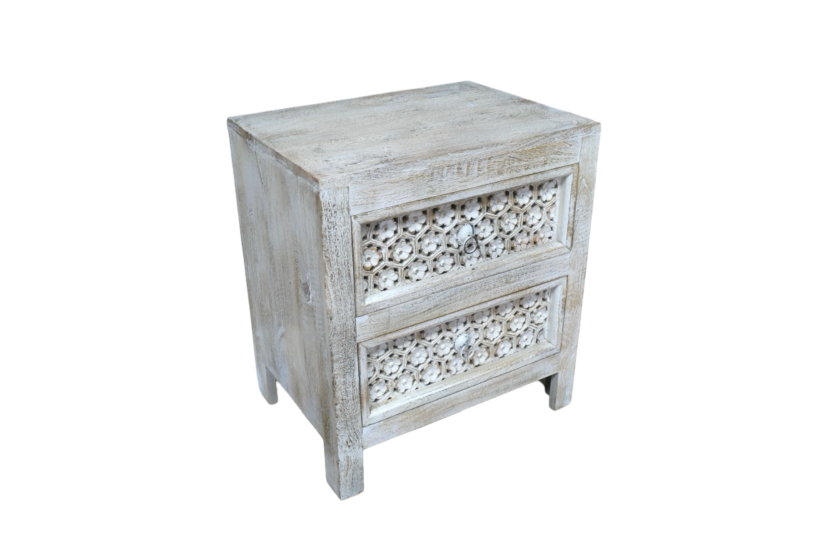 White Floral Carved Wooden Bedside Drawers Table storage