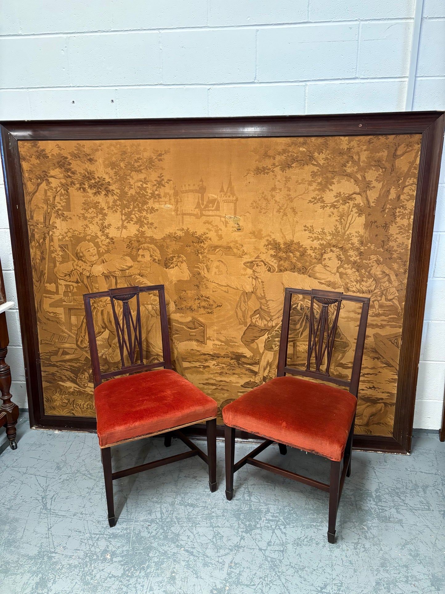 Impressive Large Decorative French tapestry in a Black Painted Frame