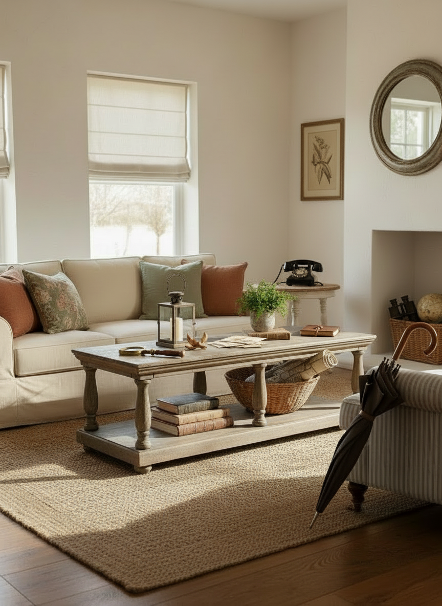 Rustic Mango wood column leg coffee table with undershelf