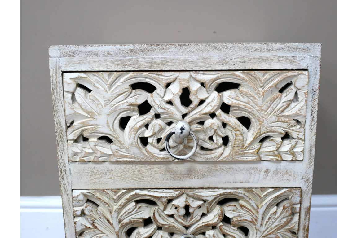 Bohemian Carved white Wooden Bedside Table Drawers storage