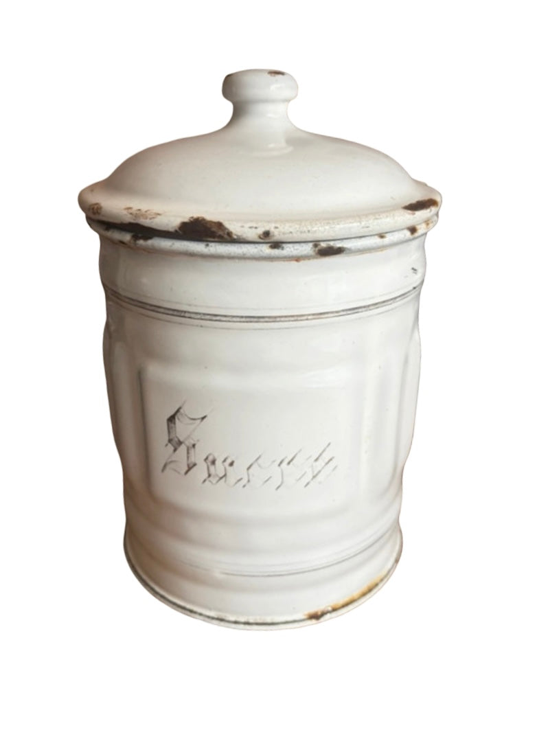 A Vintage white French enamel sugar canister chippy shabby original