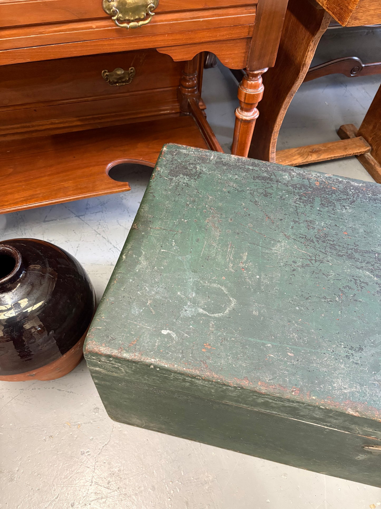 Green vintage wooden carpenters tool chest great coffee table and storage