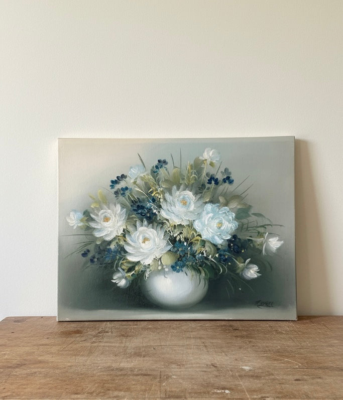 Pretty Vintage Floral Oil Painting of White Flowers Unframed