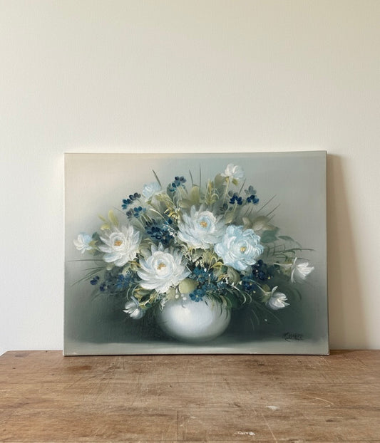 Pretty Vintage Floral Oil Painting of White Flowers Unframed