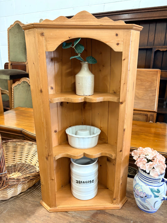 Vintage Farmhouse Pine Corner storage unit with shaped shelves