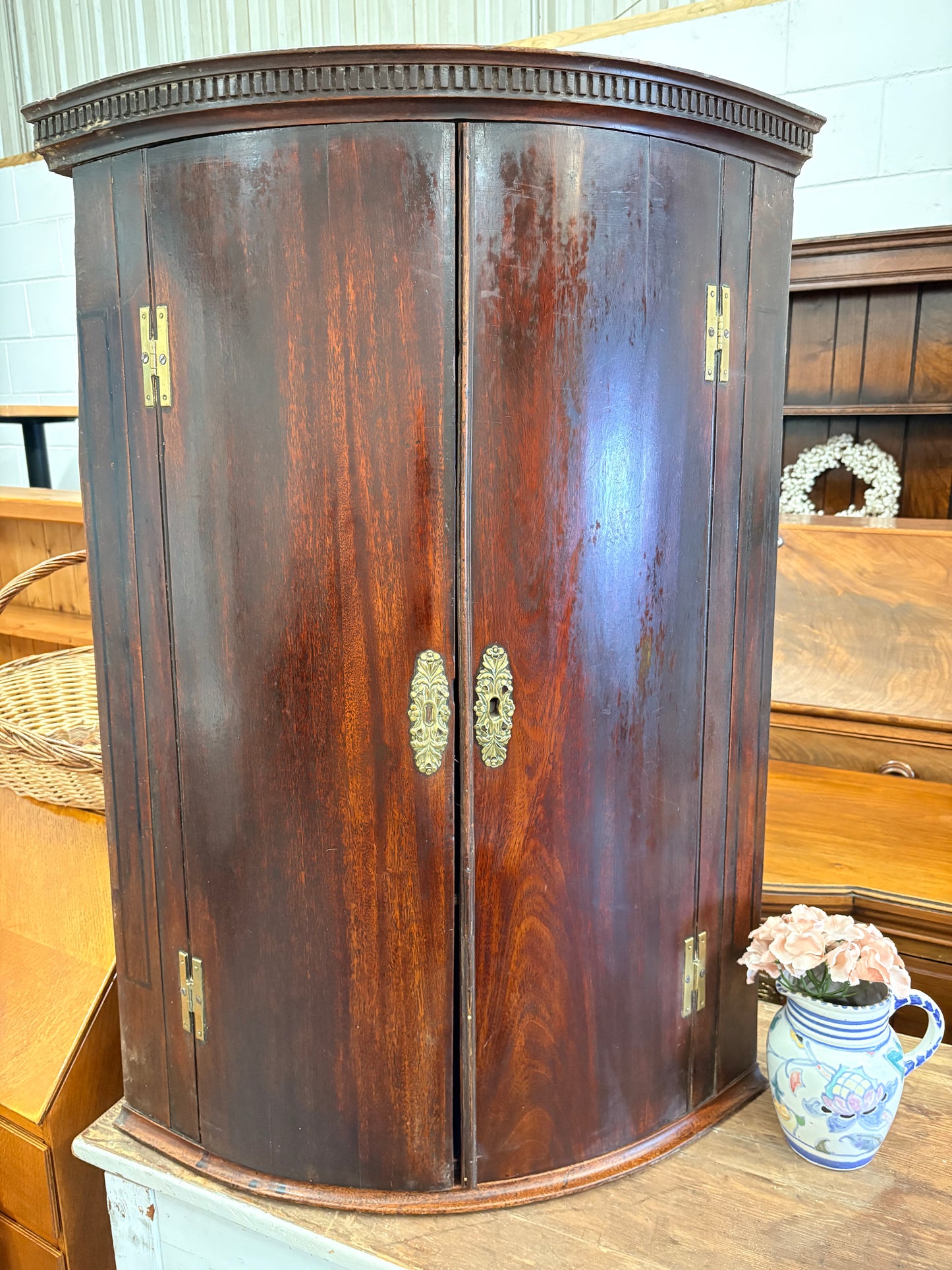 Antique Georgian Mahogany bow fronted  corner cupboard cabinet three shelves