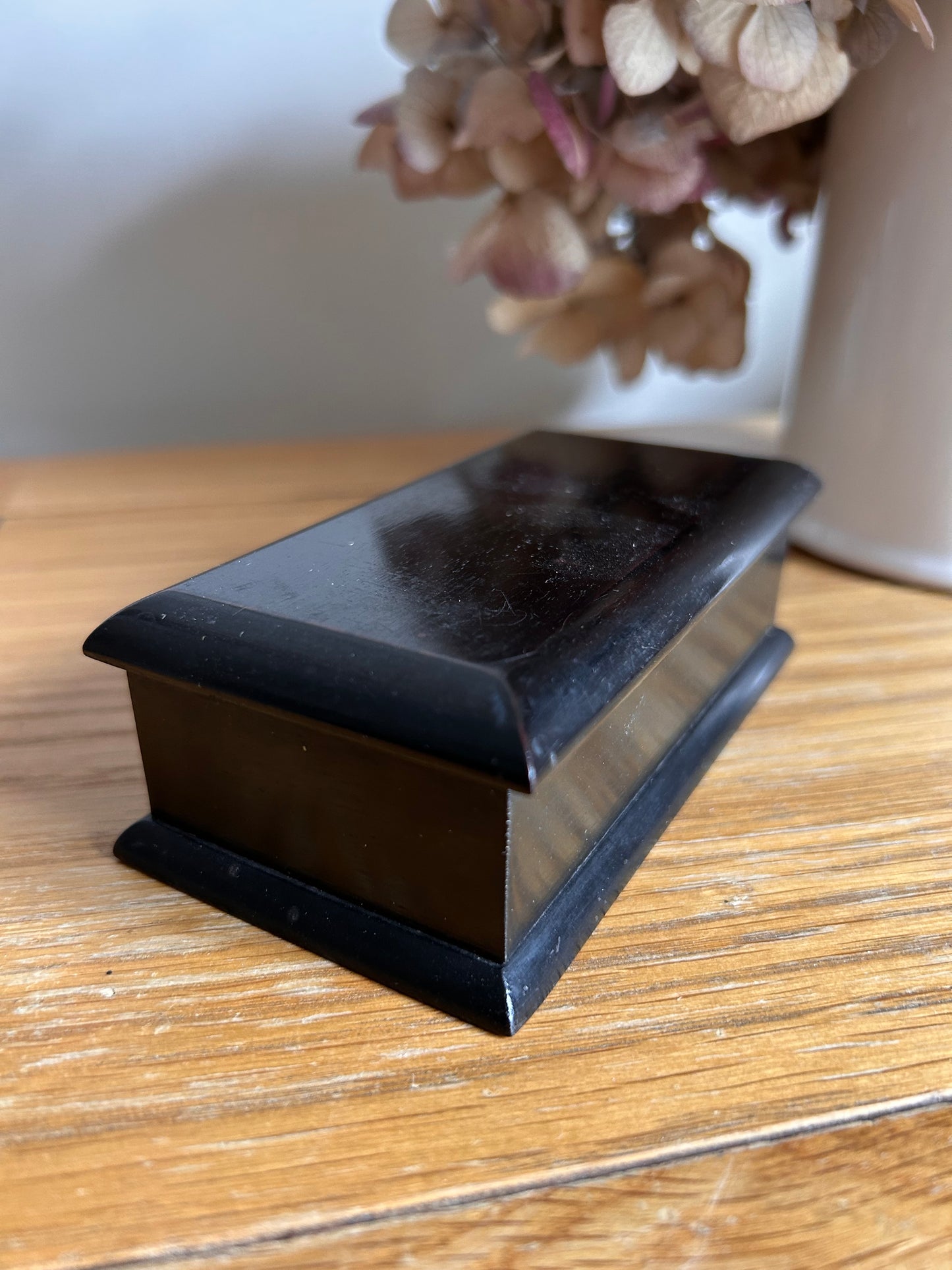 Small vintage black ebonised keepsake box silk lined yellow