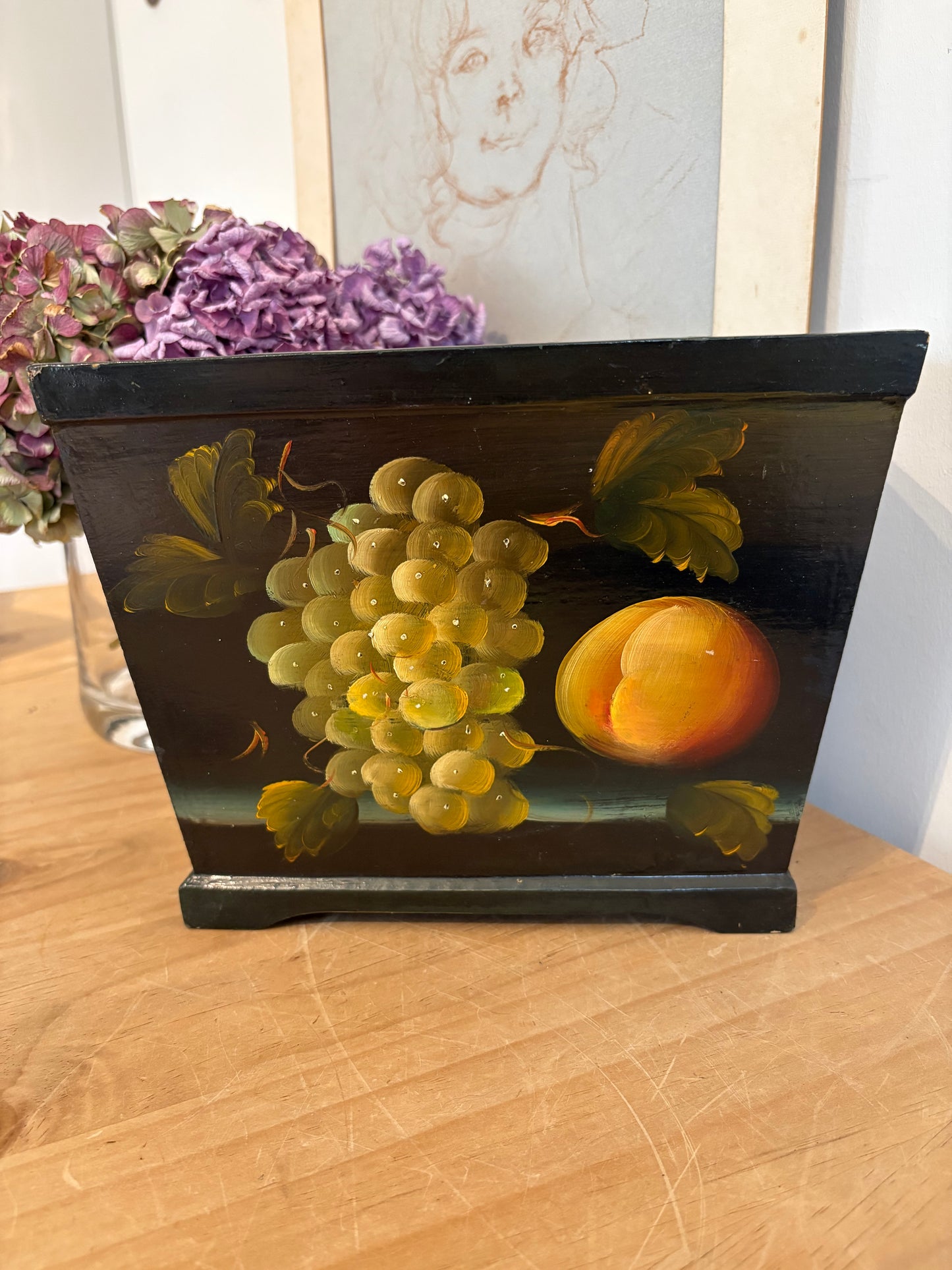 Vintage hand painted fruit design wooden trough faux flowers plants