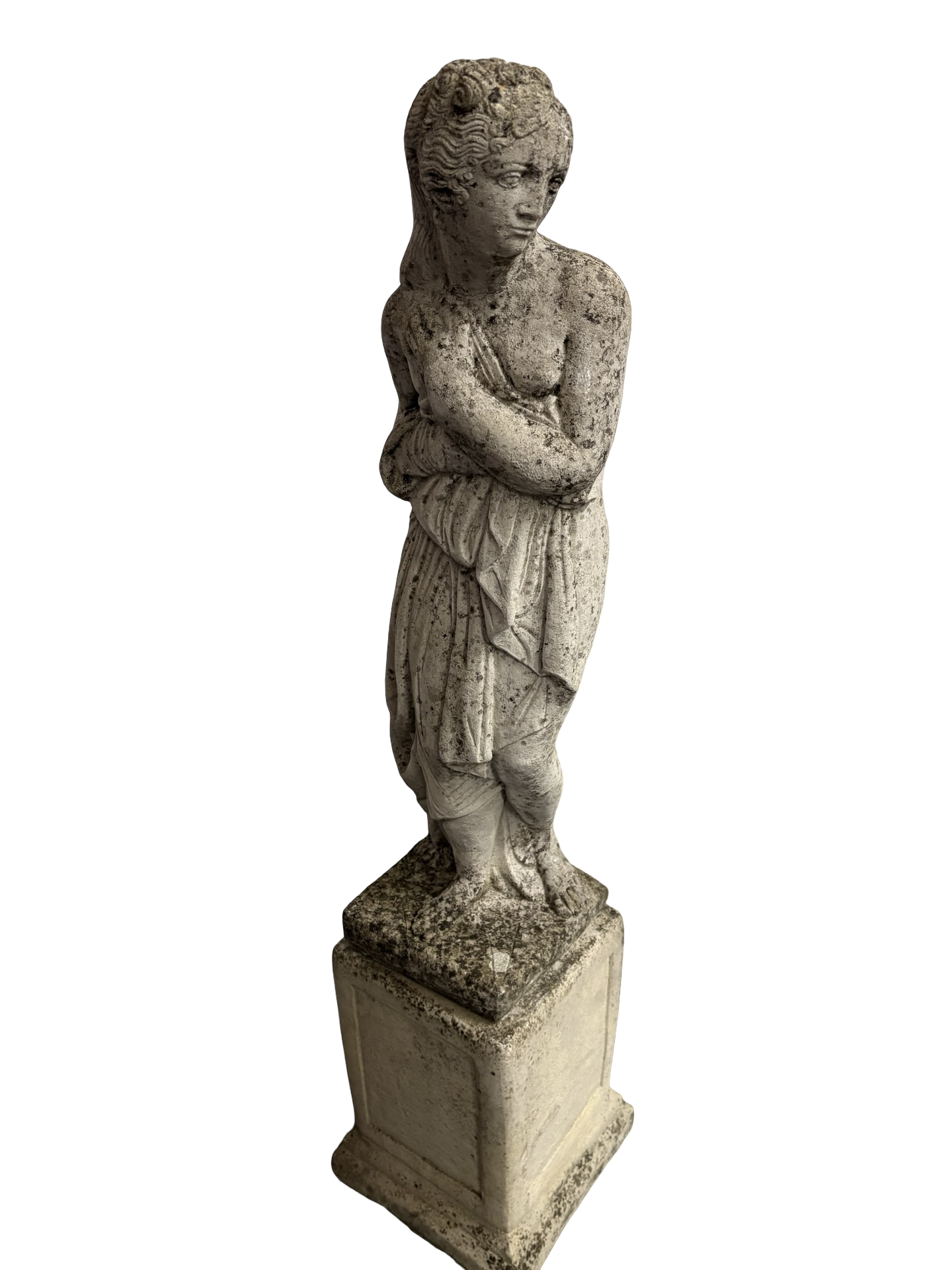 Weathered Antique Stone Shy Maiden Statue on pedestal