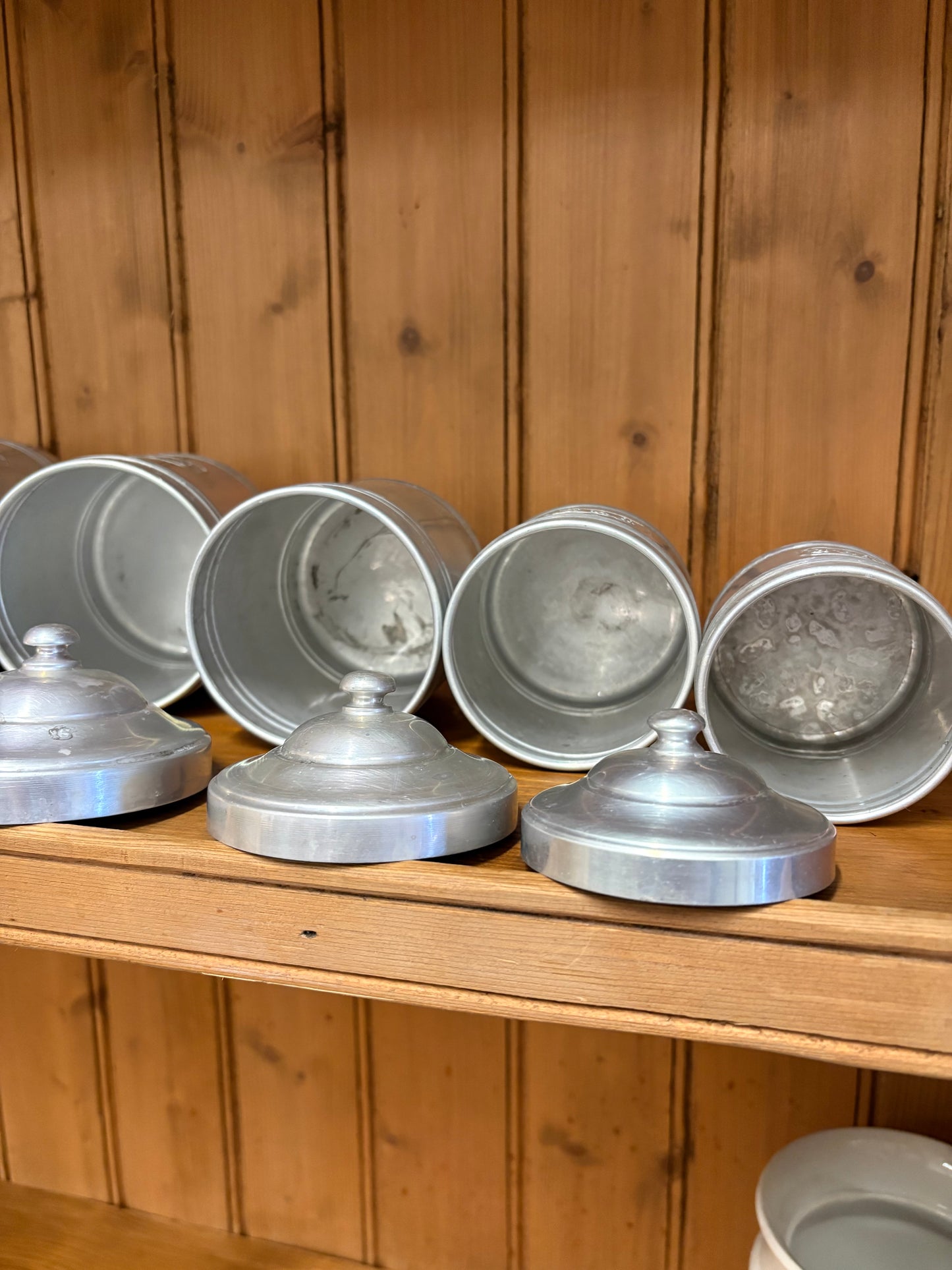 Set of six Vintage French metal Kitchen storage food canisters
