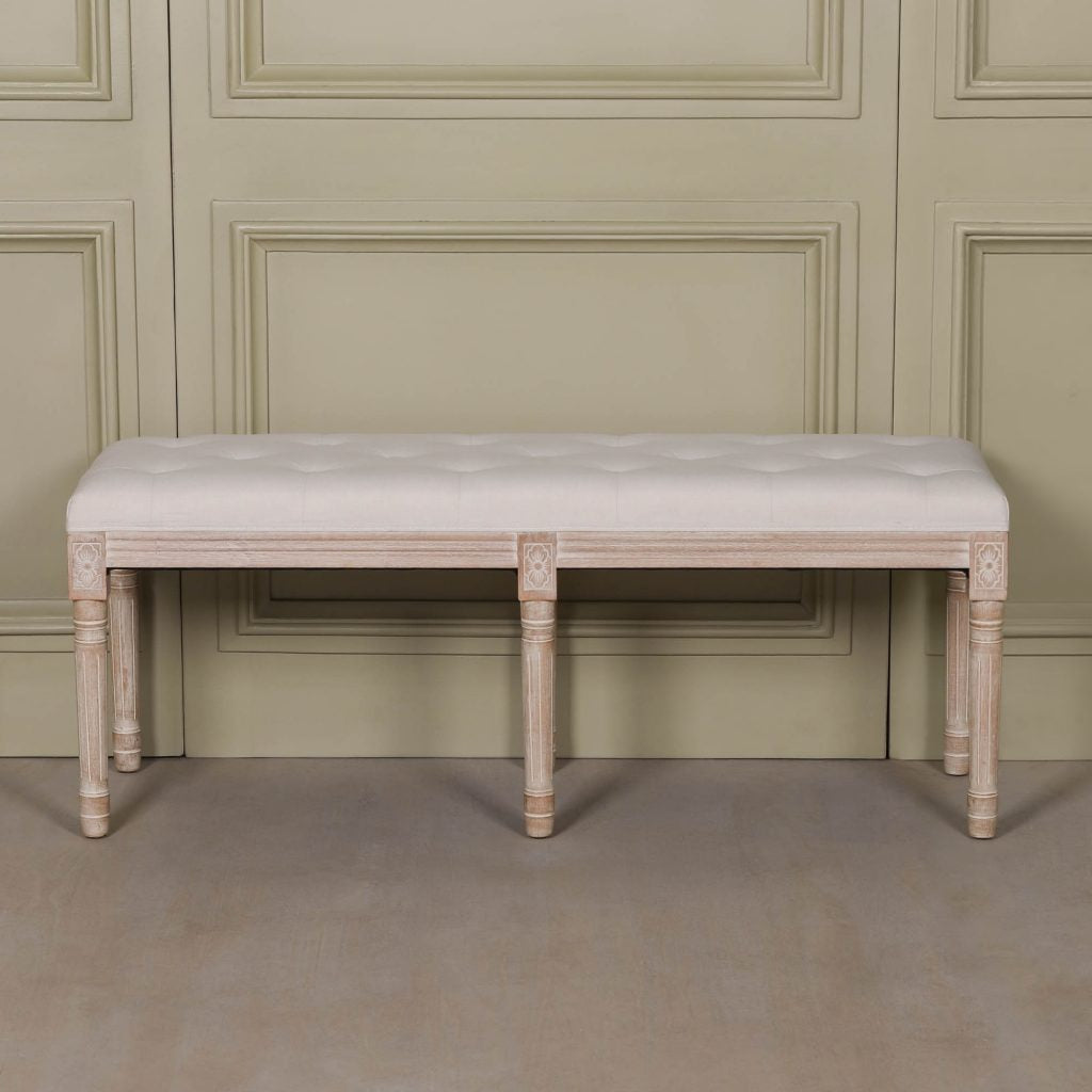 Light Birch Wood and Cream Linen Upholstered Bench - Living Bedroom Dressing Room