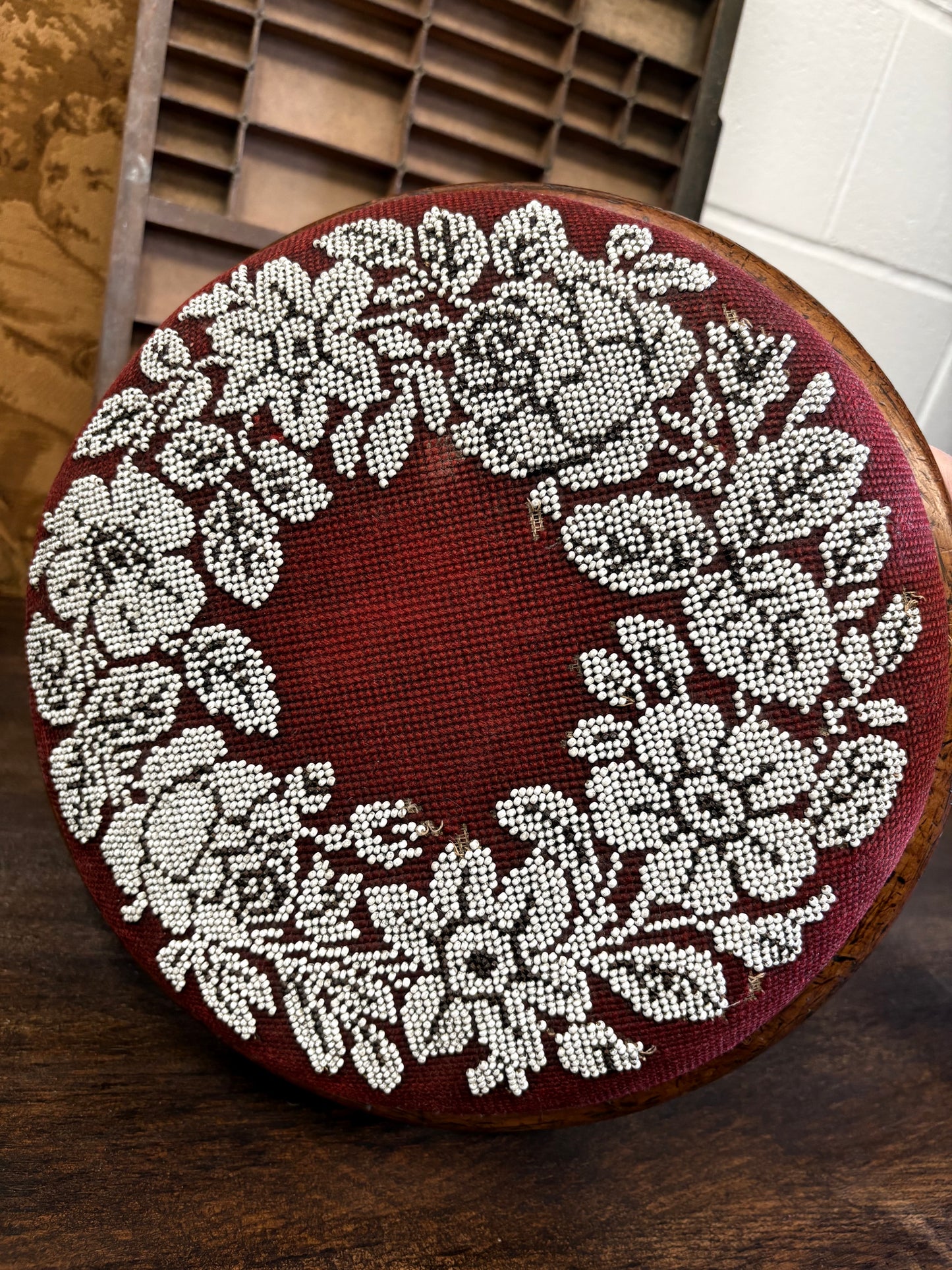 Antique Circular Walnut Beaded Footstool on bun feet