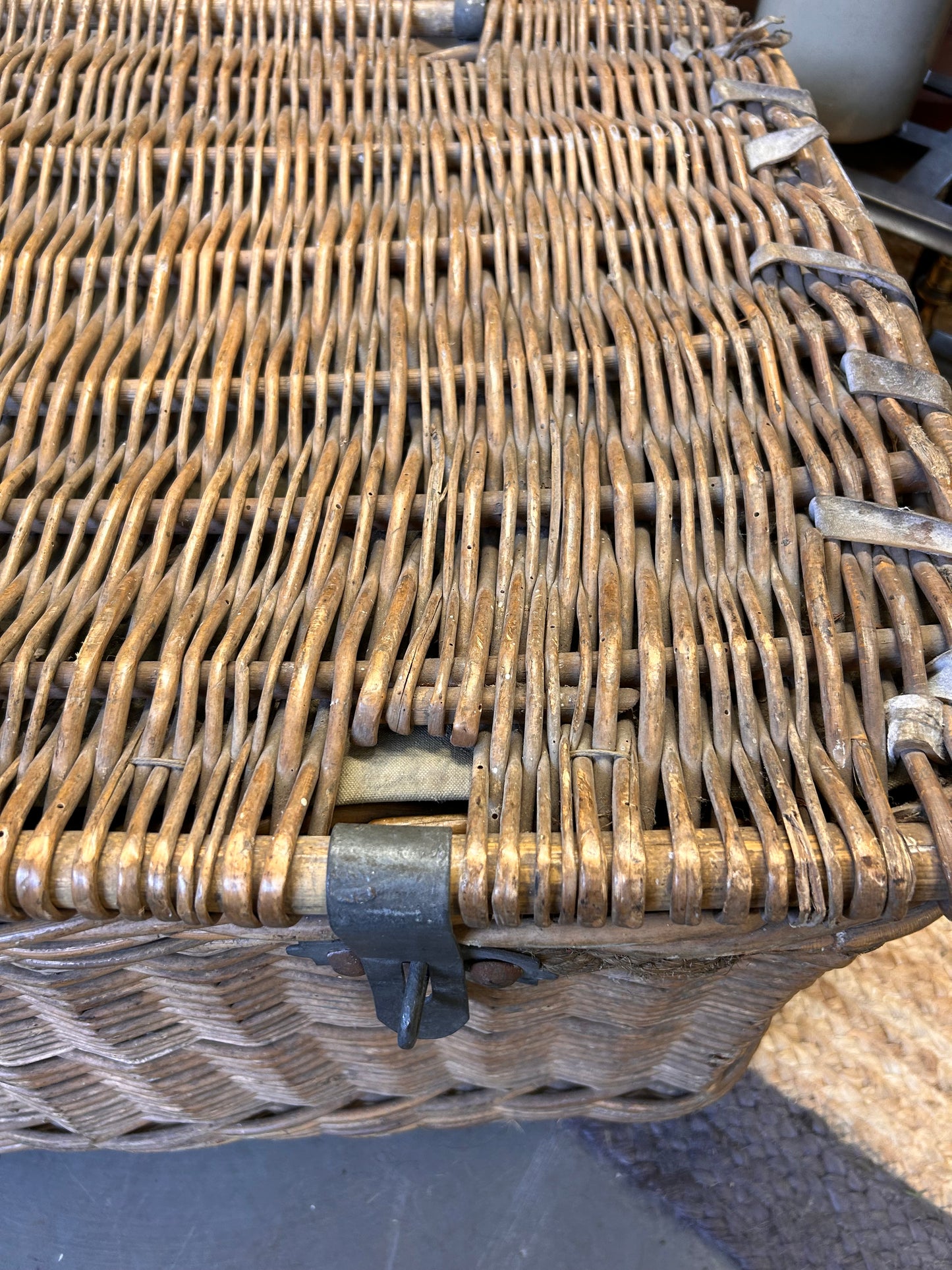 Early 19C Large Old Antique Laundry basket metal clasps canvas lined