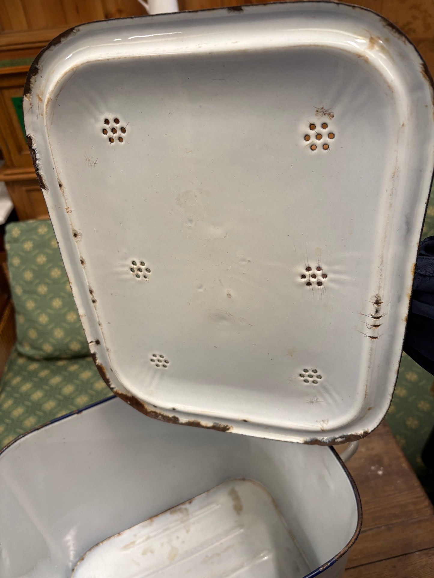 Vintage white metal kitchen storage bread bin with handles