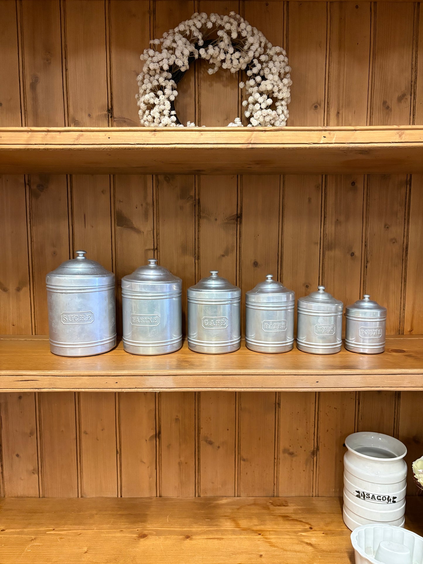 Set of six Vintage French metal Kitchen storage food canisters