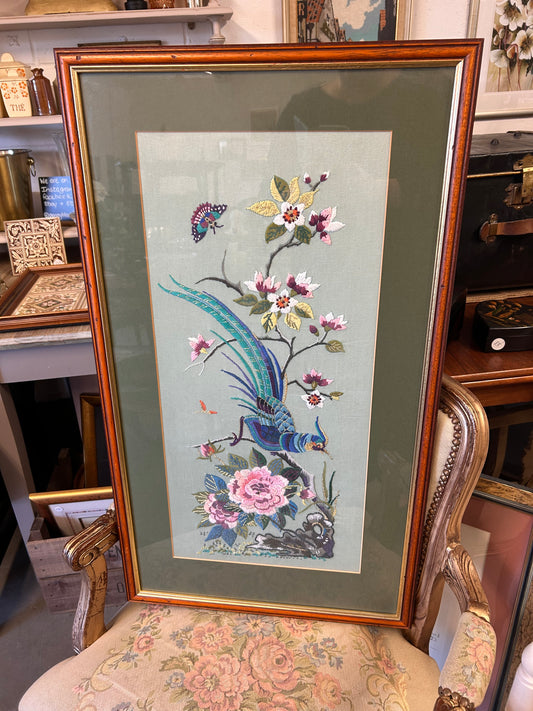 Framed mounted Vintage Oriental Silk Embroidery piece