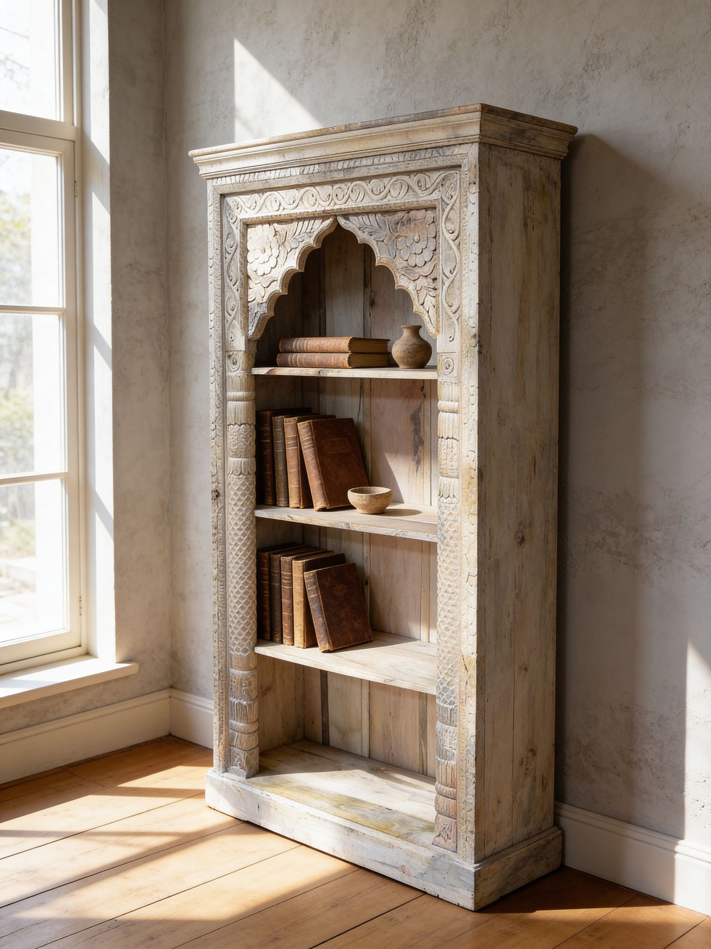 Bohemian Style Carved Light Wood Open Bookcase Decorative Design Shelves