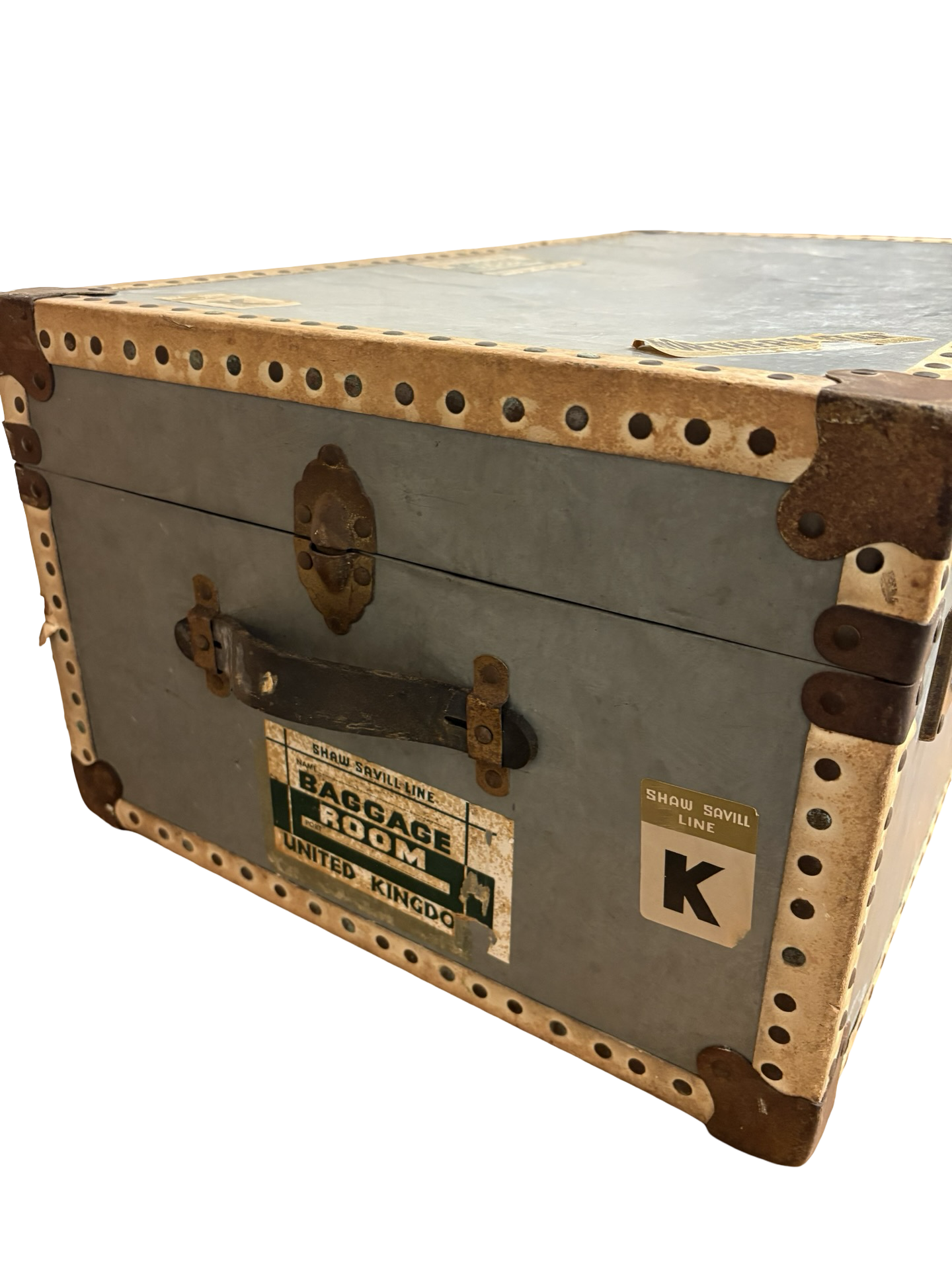 Vintage travel trunk with old labels fab coffee table / storage clean inside