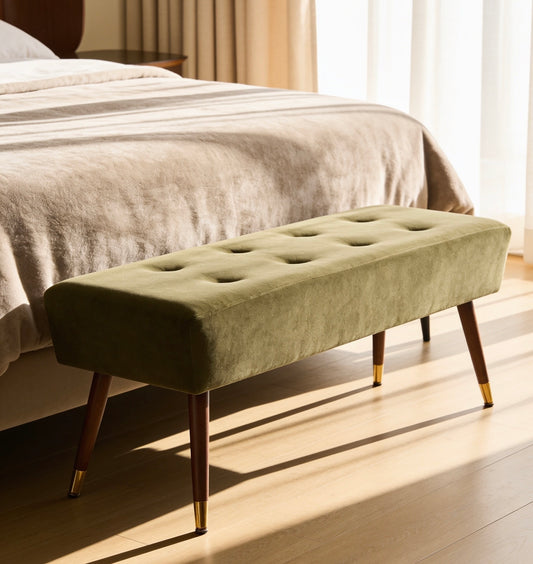 Olive Green Retro Mid Century Style Buttoned Stool Bench Seat