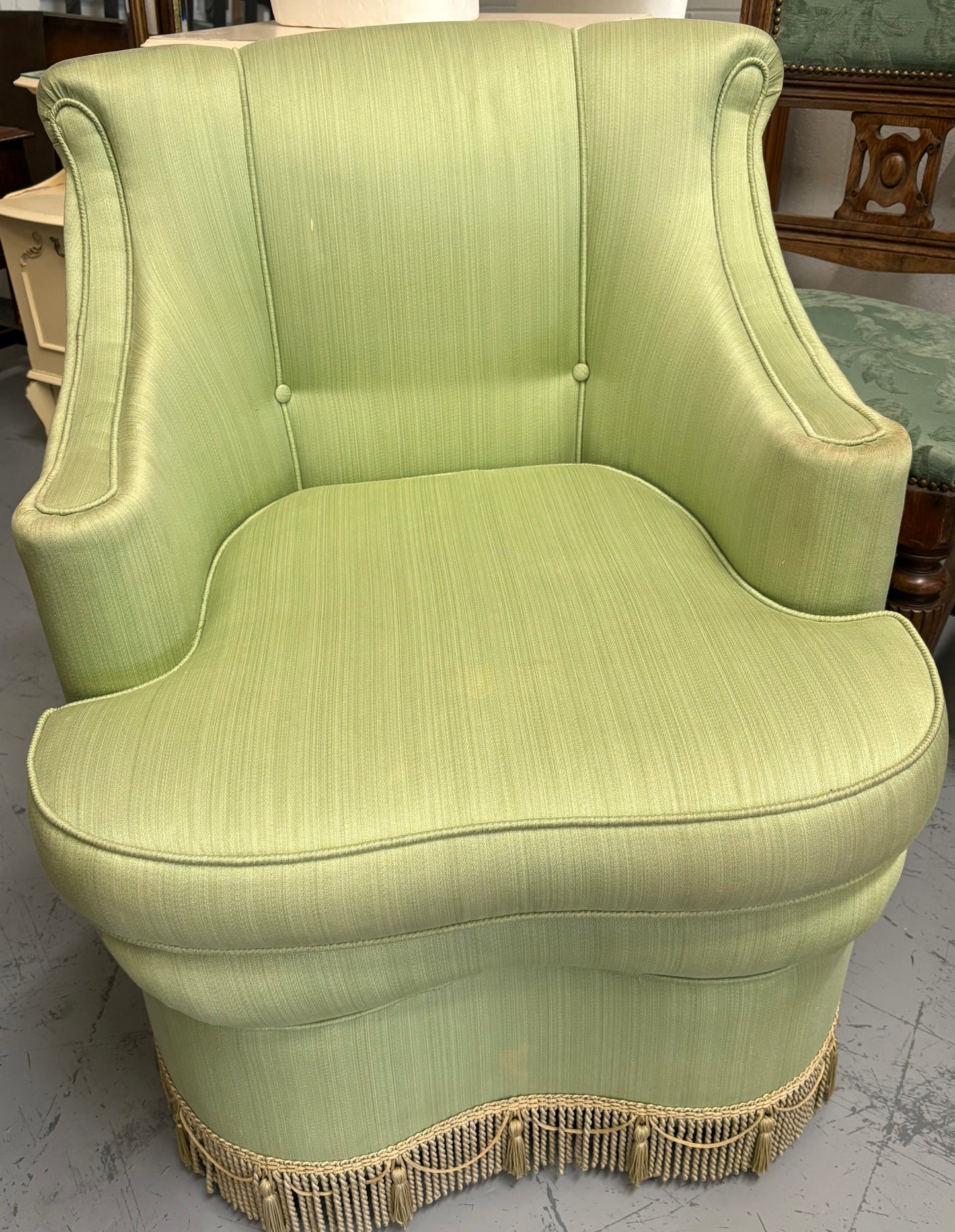 Mid century French pale Green upholstered tassel trimmed boudoir bedroom chair ￼