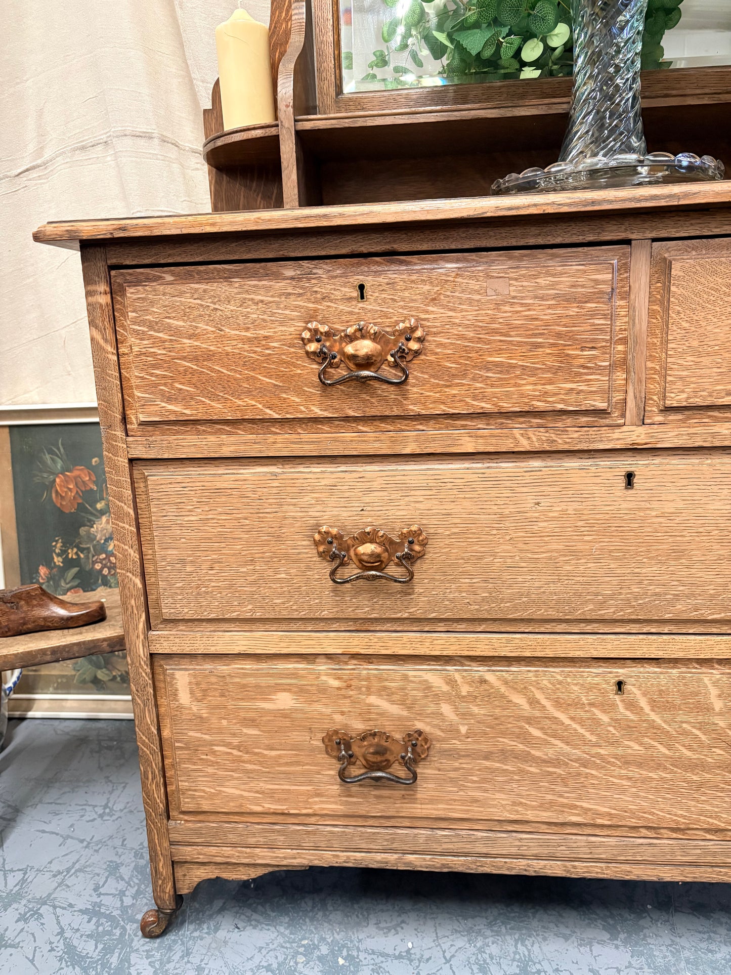 Antique Edwardian Oak Dressing Chest of Drawers with Mirror