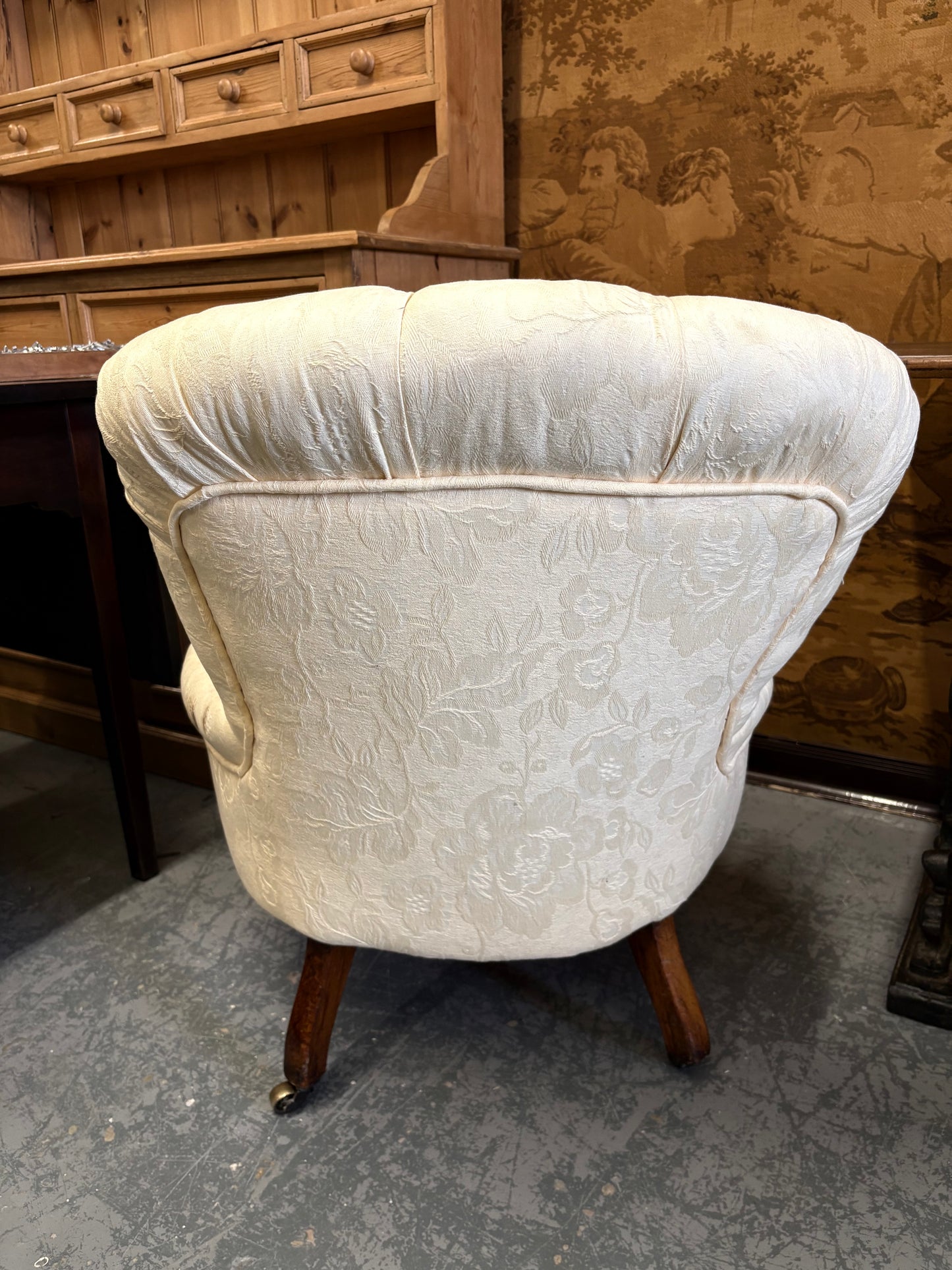 An Cream upholstered & carved Victorian mahogany Low Bedroom Chair
