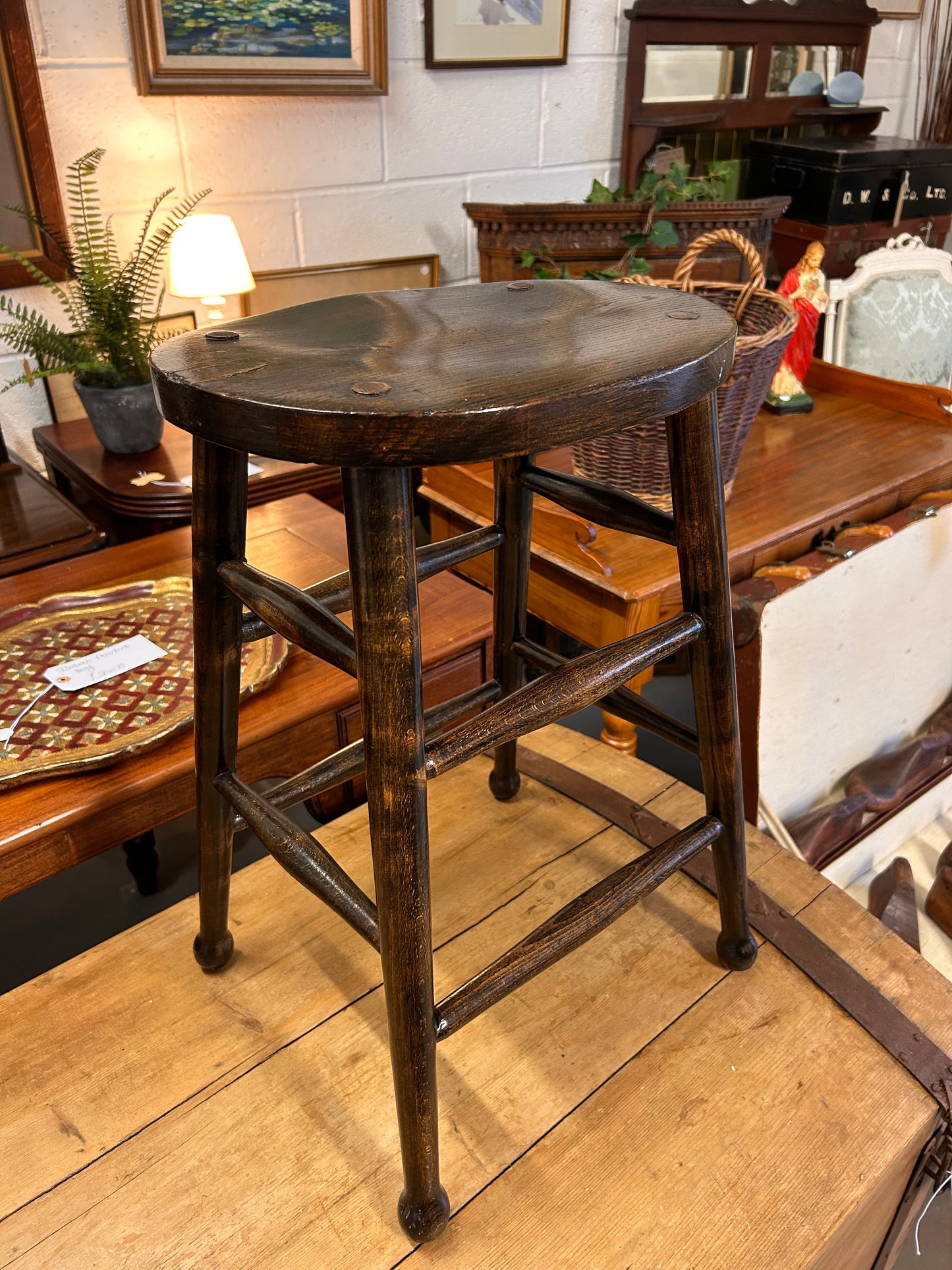 Antique Oval Dark Oak wood stool solid great condition two available