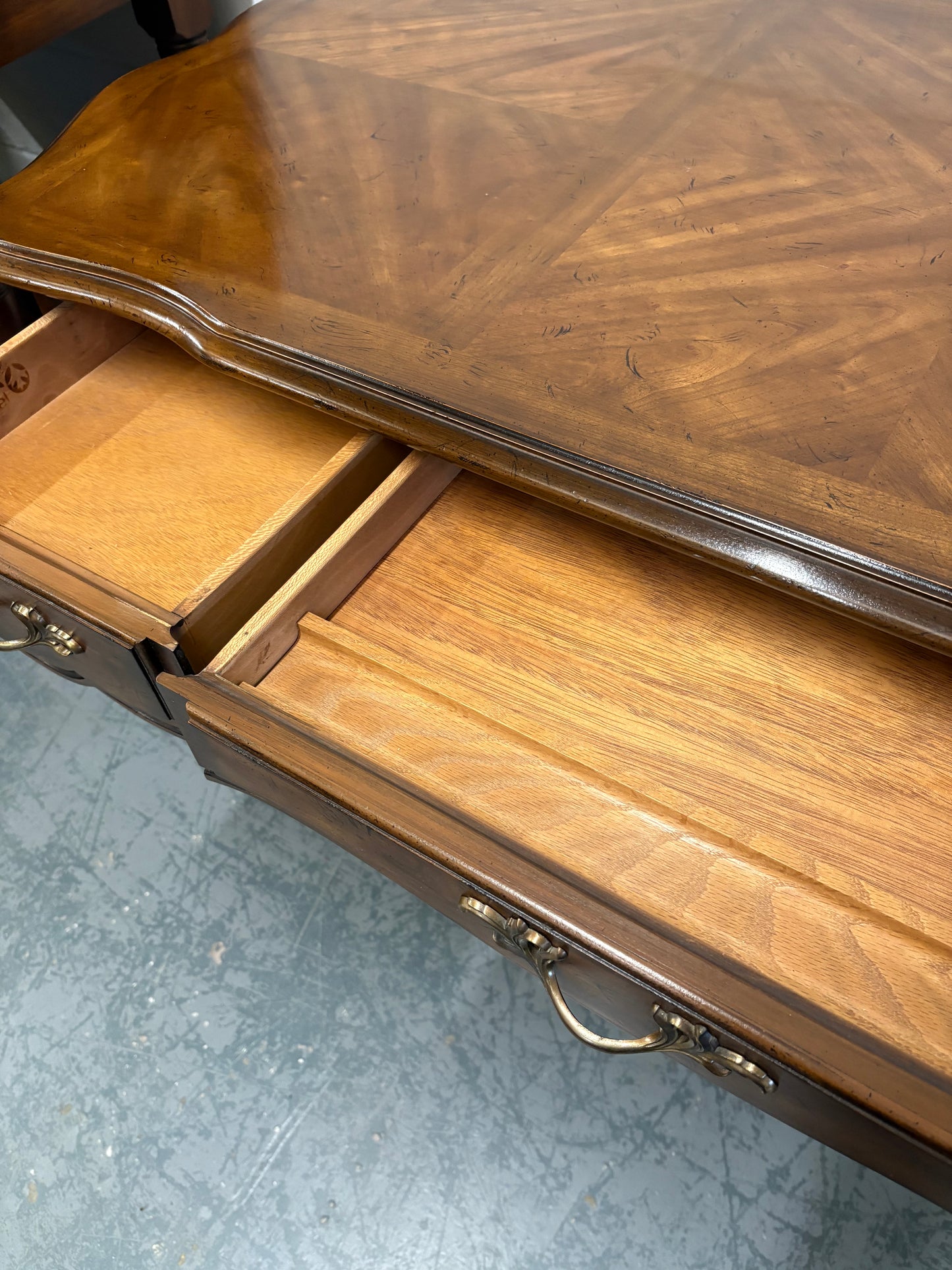 Vintage French walnut console table parquetry top & three drawers brass handles