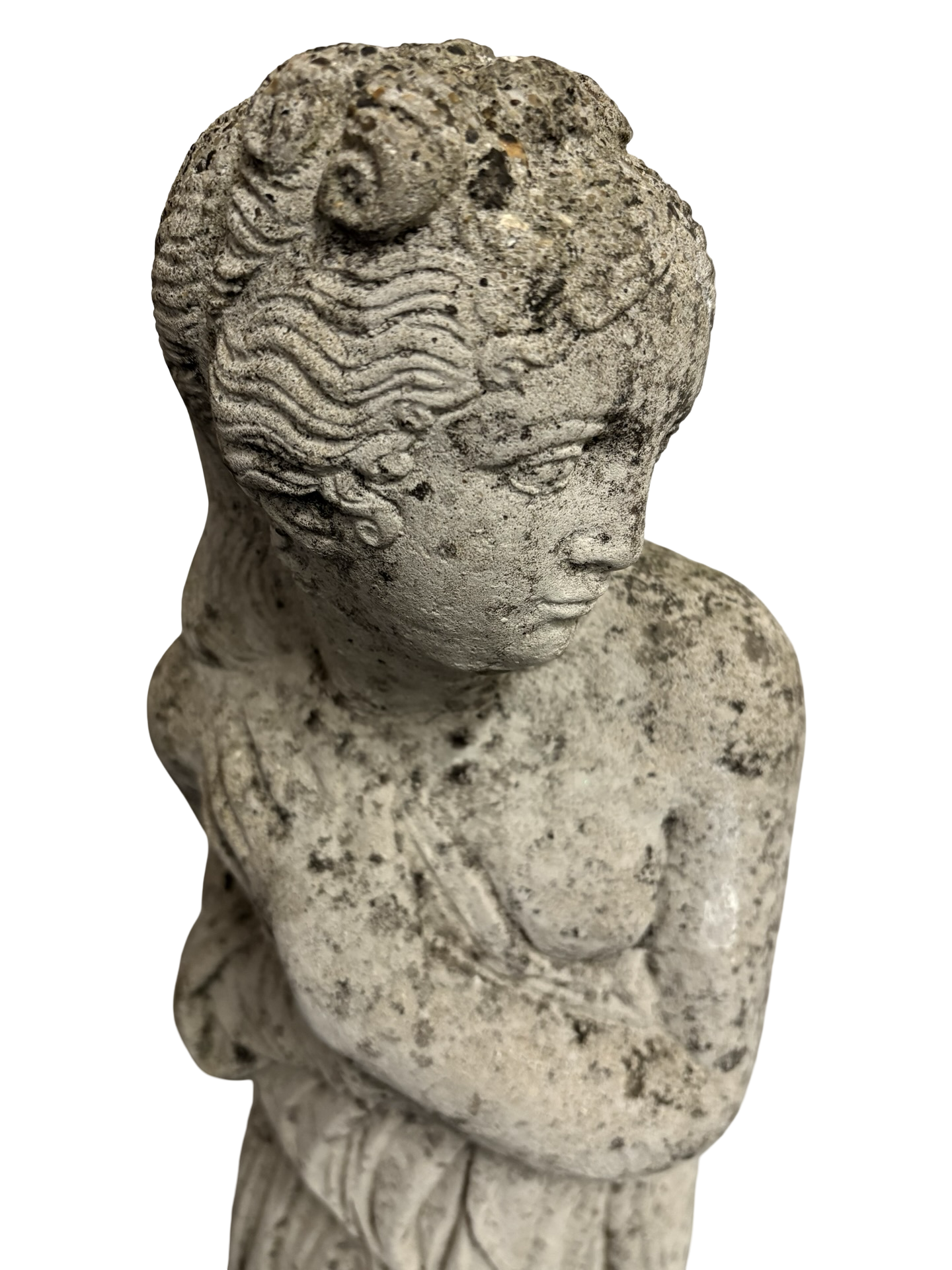 Weathered Antique Stone Shy Maiden Statue on pedestal