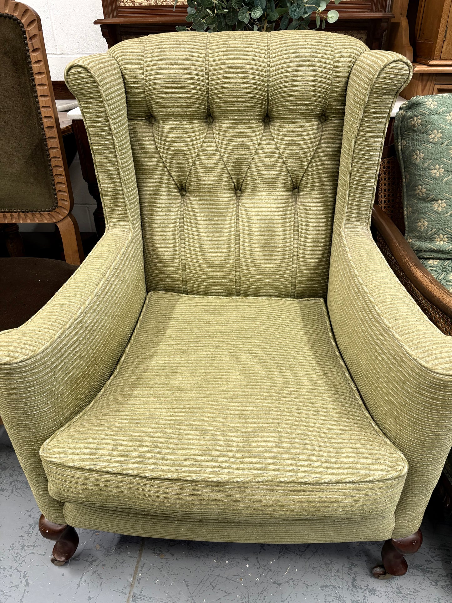 Antique Soft Green Wingback Upright Armchair on Castors & Cabriole legs UK Delivery