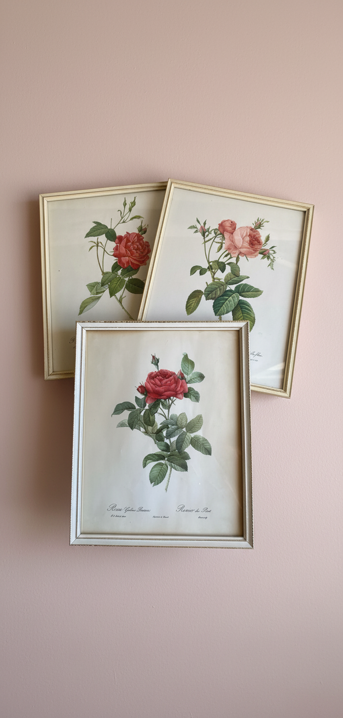 Set of three charming Vintage floral botanical Rose prints. ￼