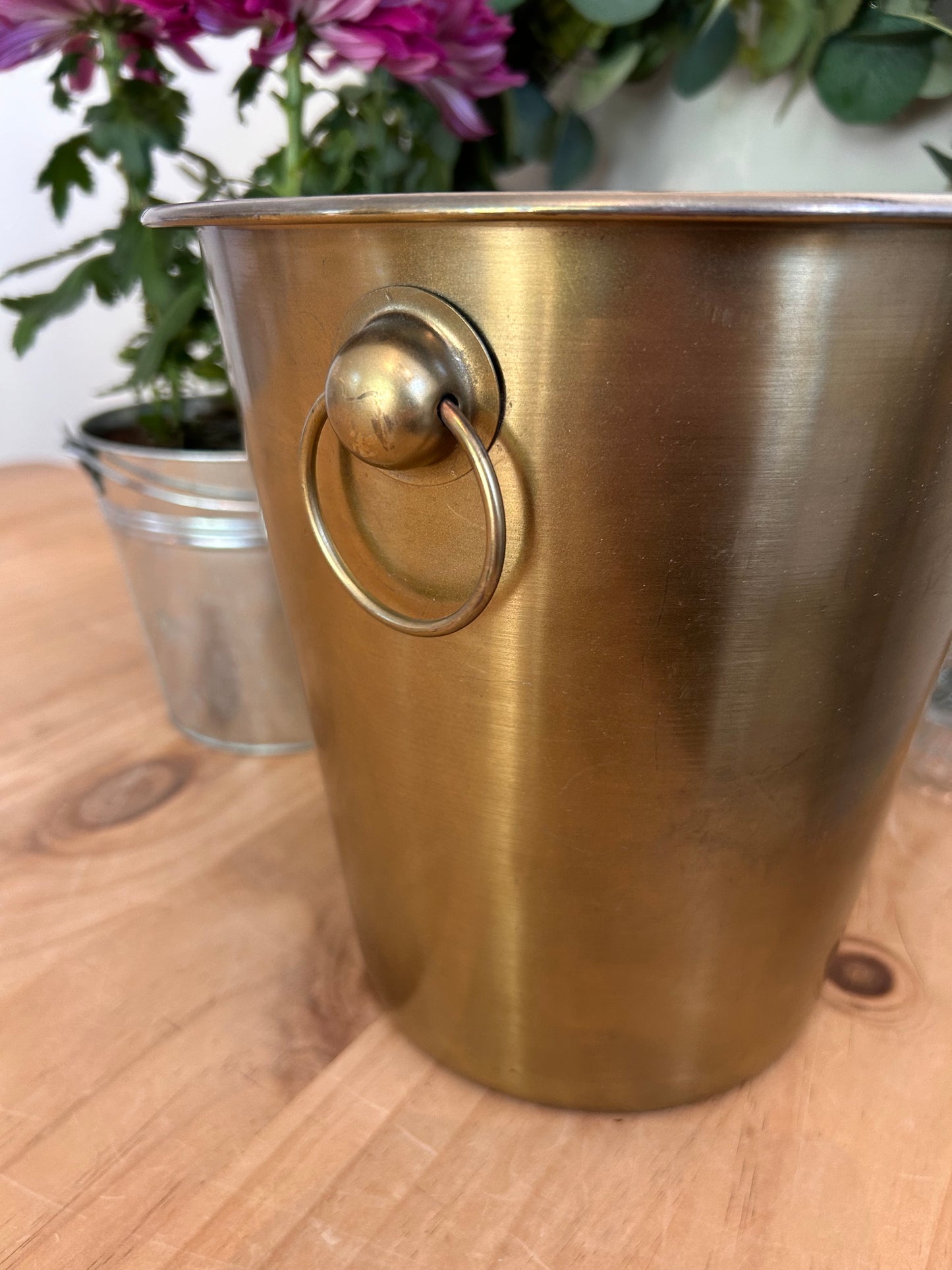 Vintage white metal champagne bucket with handles