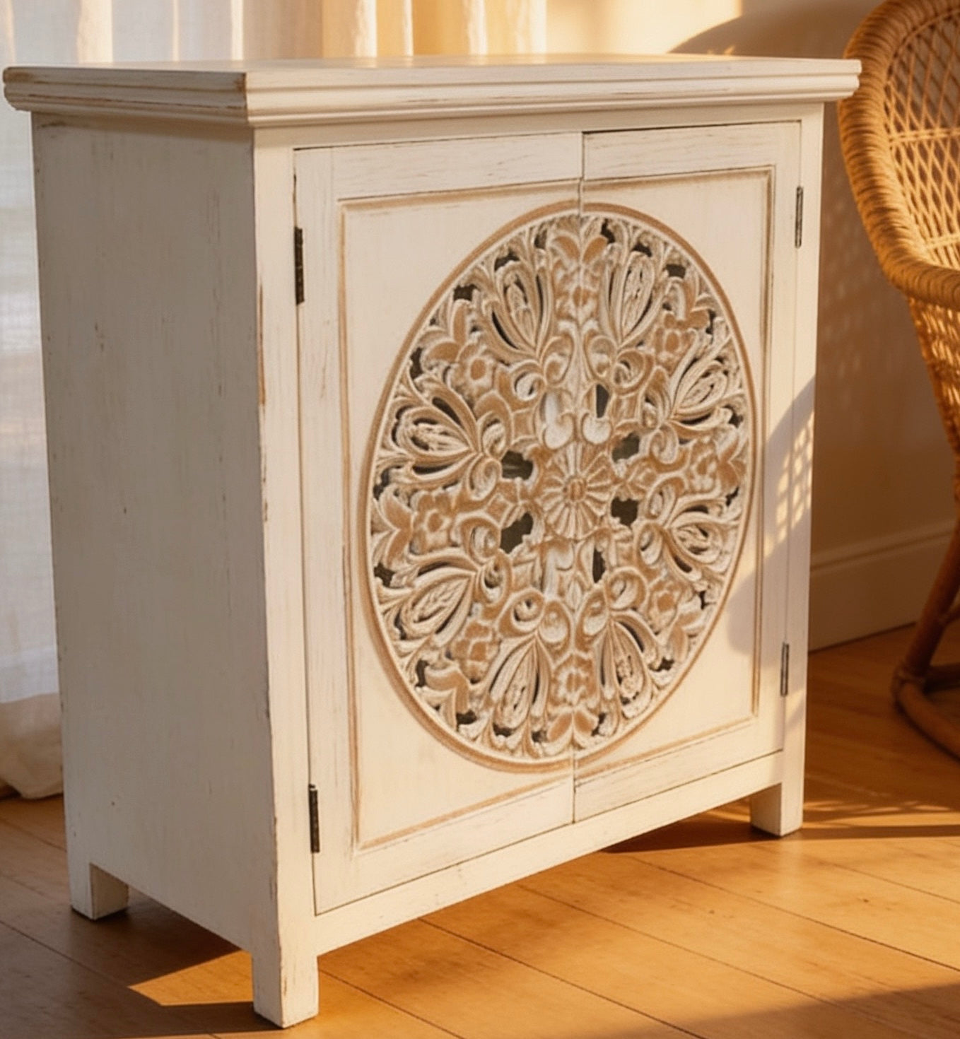 Eclectic Bohemian Style White Wooden Carved Cabinet Cupboard UK Delivery