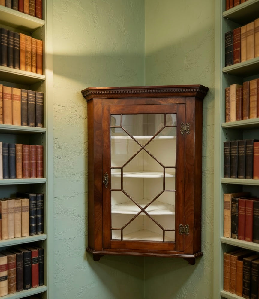 Antique Glazed Corner Wall Unit with Locking key Painted inside