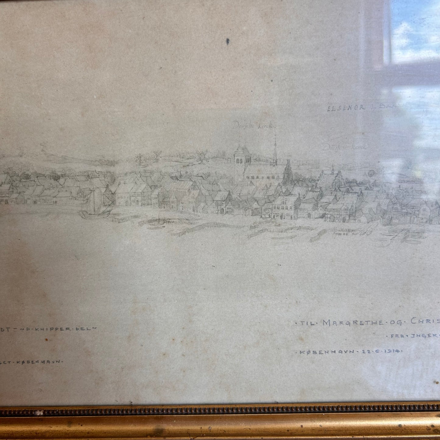 Antique pencil drawing 1914 - Danish city - Glazed and framed