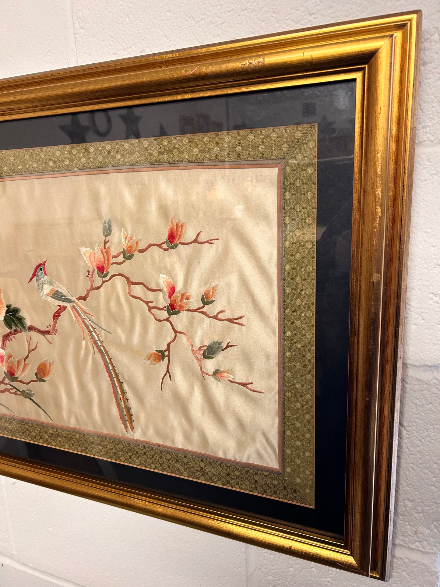 Large Framed mounted Vintage Oriental Silk Embroidery piece