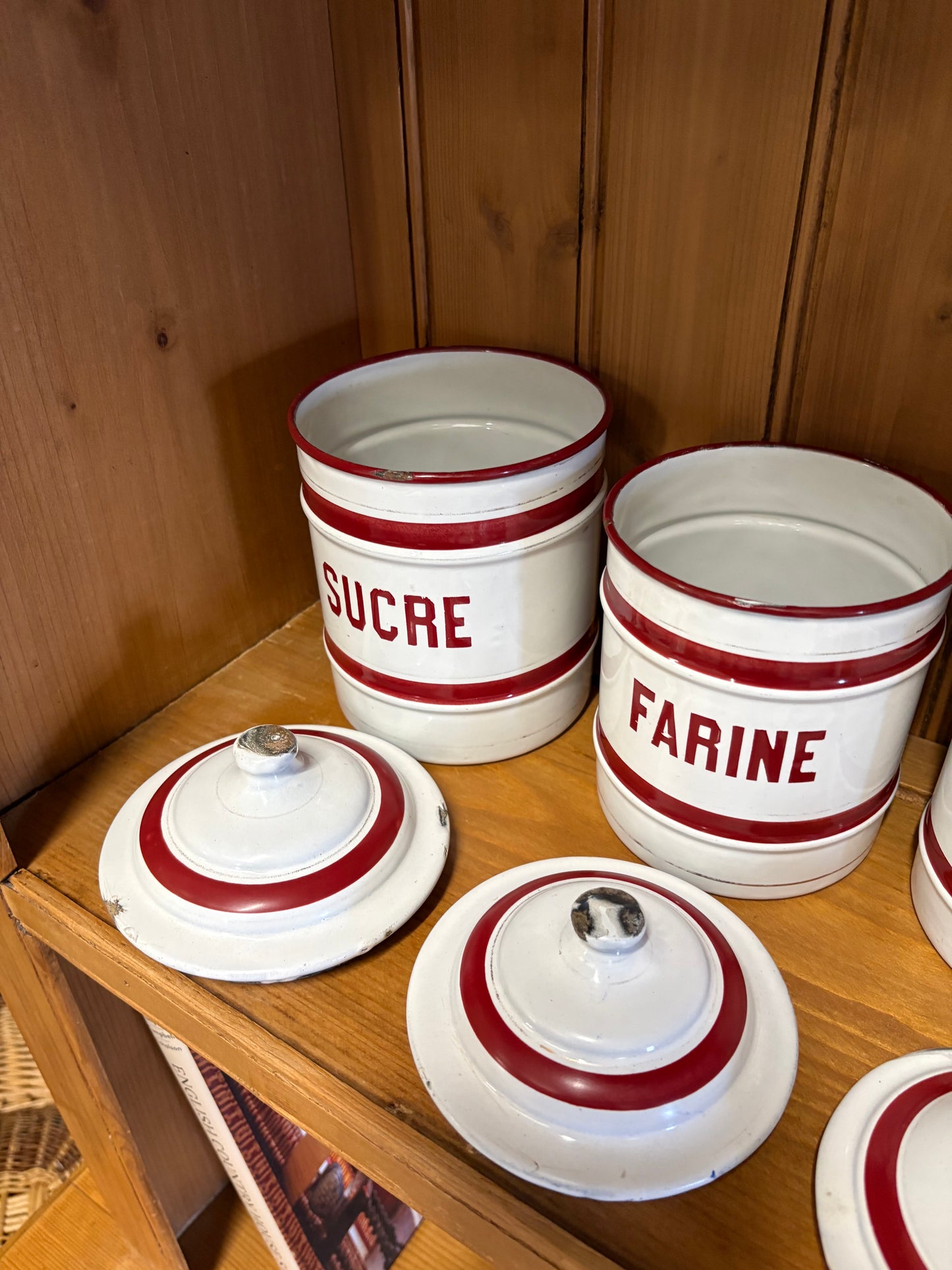 Set of six French Vintage storage canisters, red and white enamel ￼