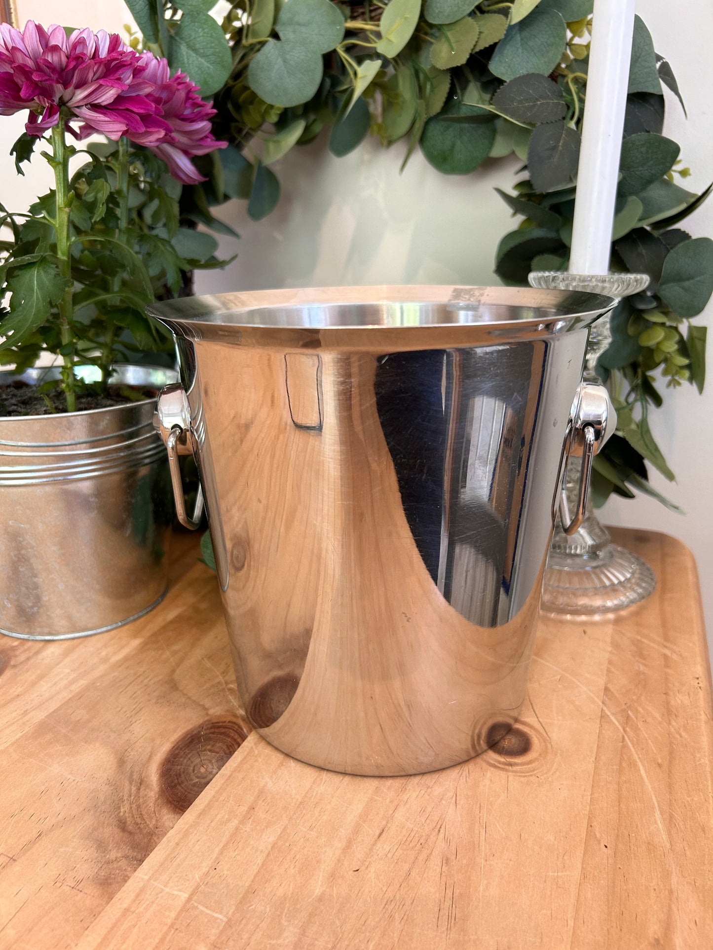 Vintage white metal champagne bucket with handles