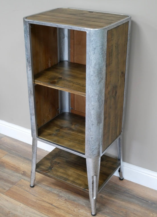 French Tolix Style Industrial Metal storage unit side table with wooden shelves