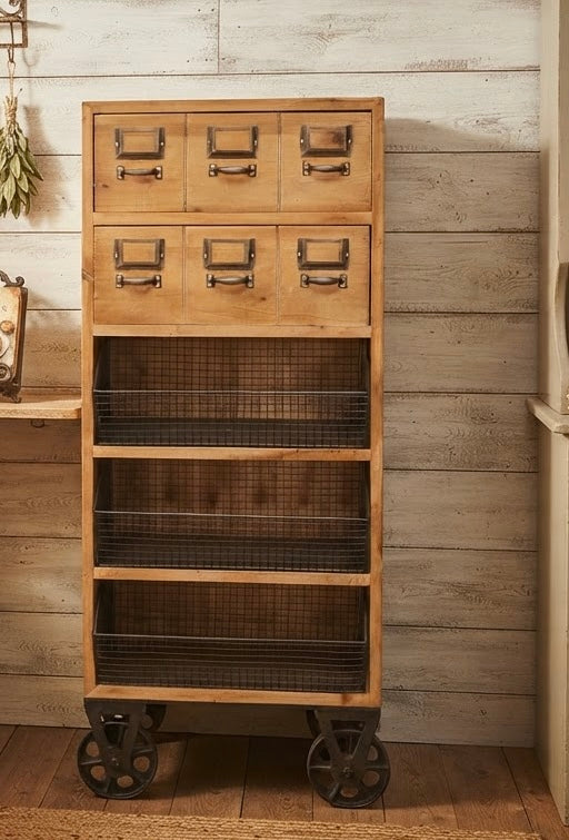Light wood vintage styled fir and Iron Cabinet unit Kitchen Utility Bathroom Storage