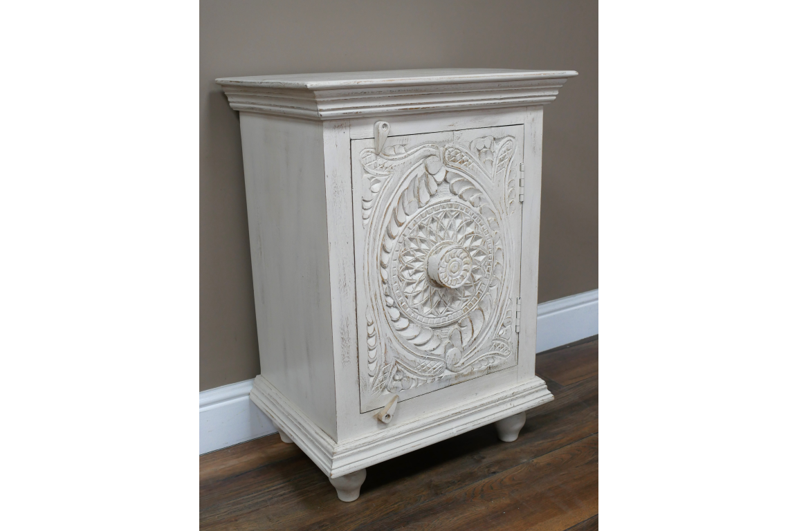 White Bohemian Carved Wooden Bedside Table cupboard storage