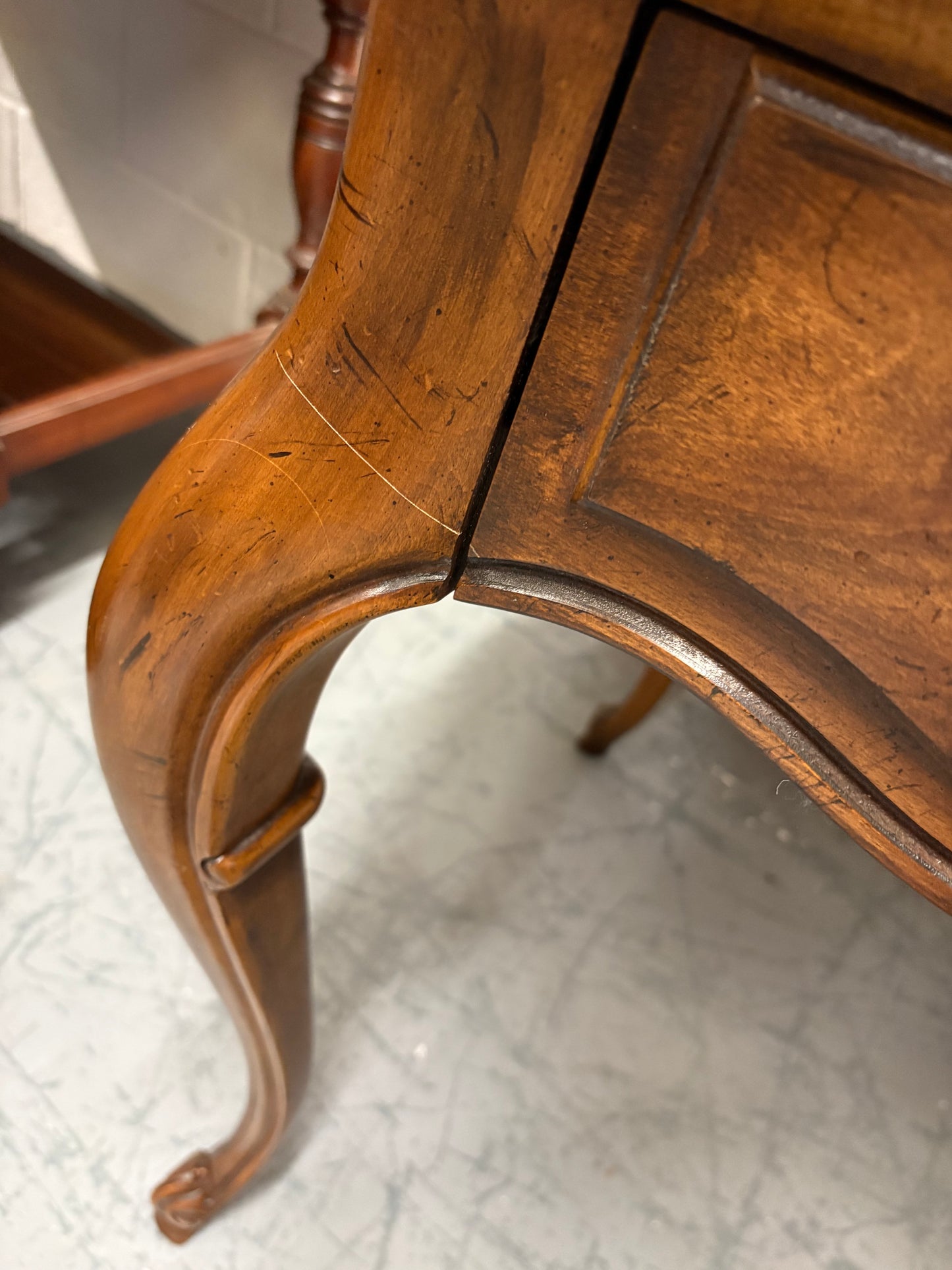 Vintage French walnut console table parquetry top & three drawers brass handles