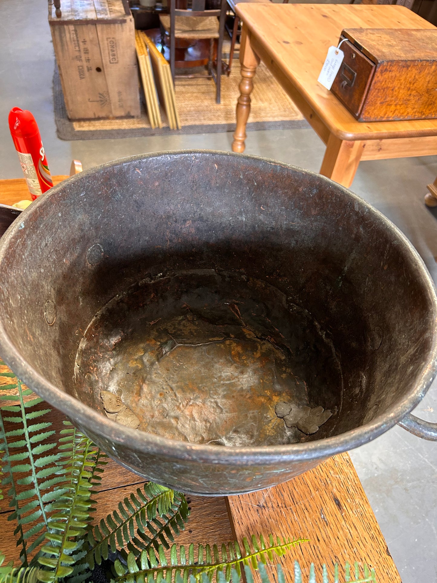 Heavy Antique round thick copper bowl with handles