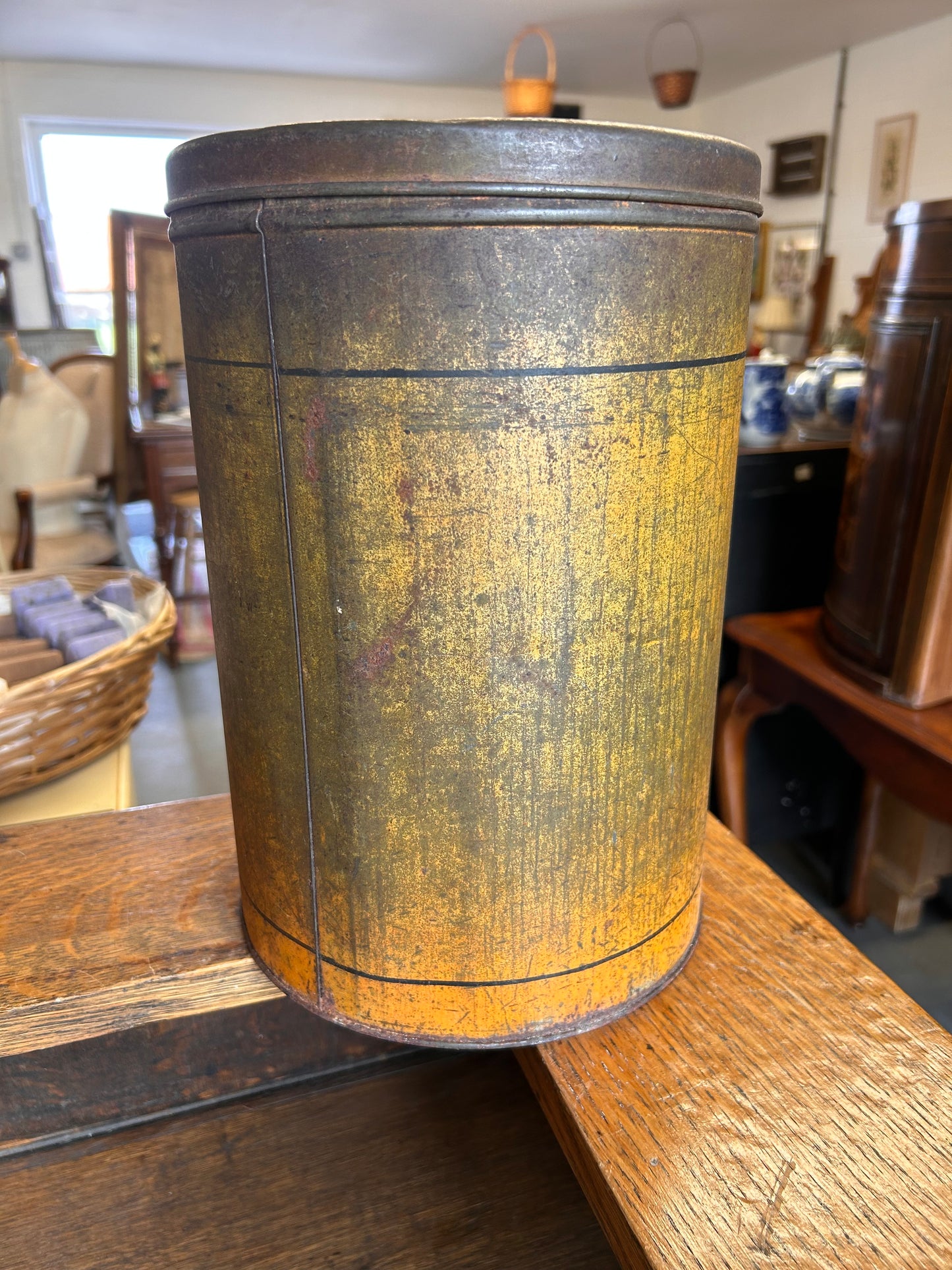 Large antique yellow painted flour storage tin, Country house Kitchenalia