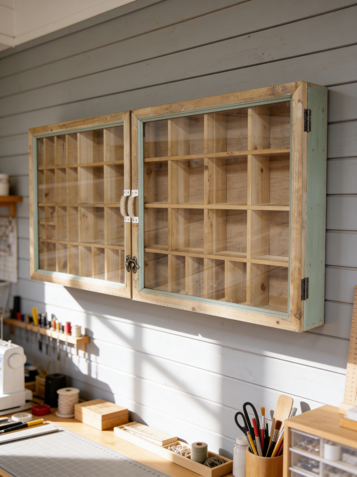 Aqua shabby Pigeon hole type Wall Unit - printer tray style storage