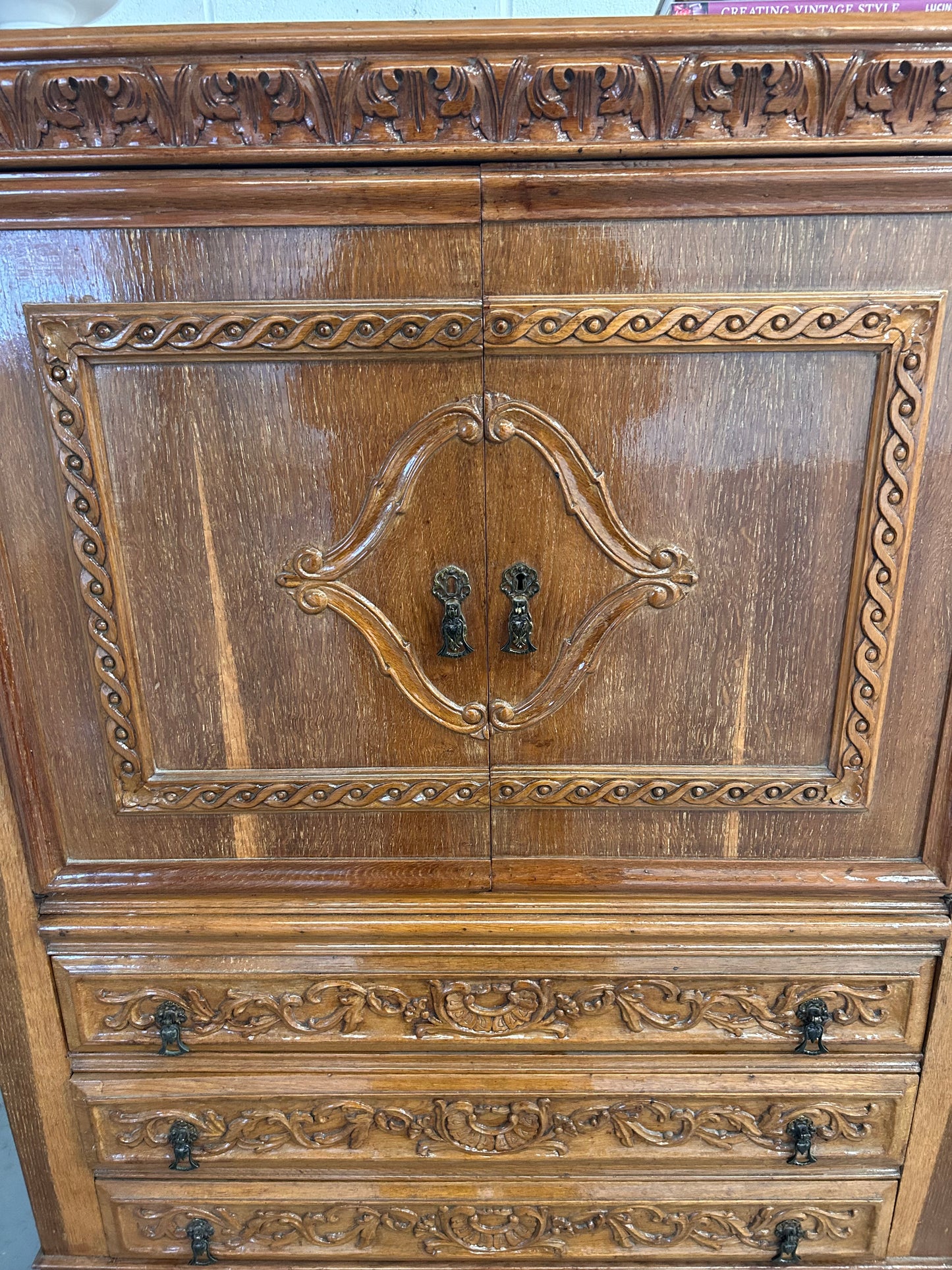 Big Vintage French Drinks cabinet with 3 drawers and mercury mirror lined cupboard