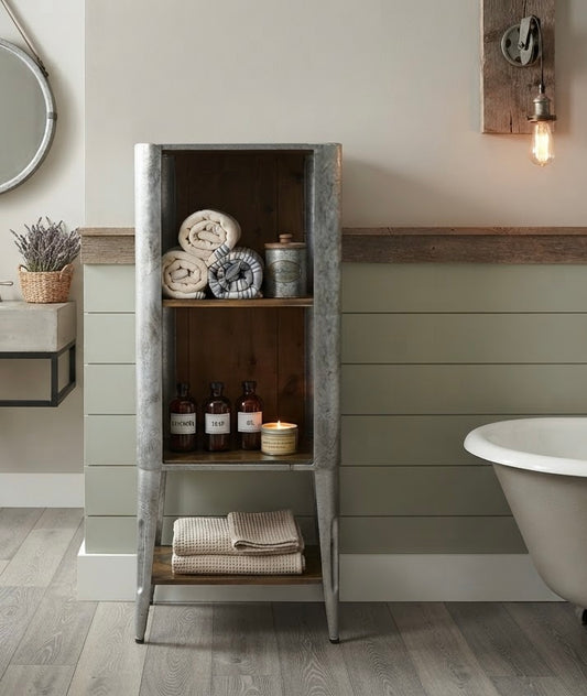 French Tolix Style Industrial Metal storage unit side table with wooden shelves