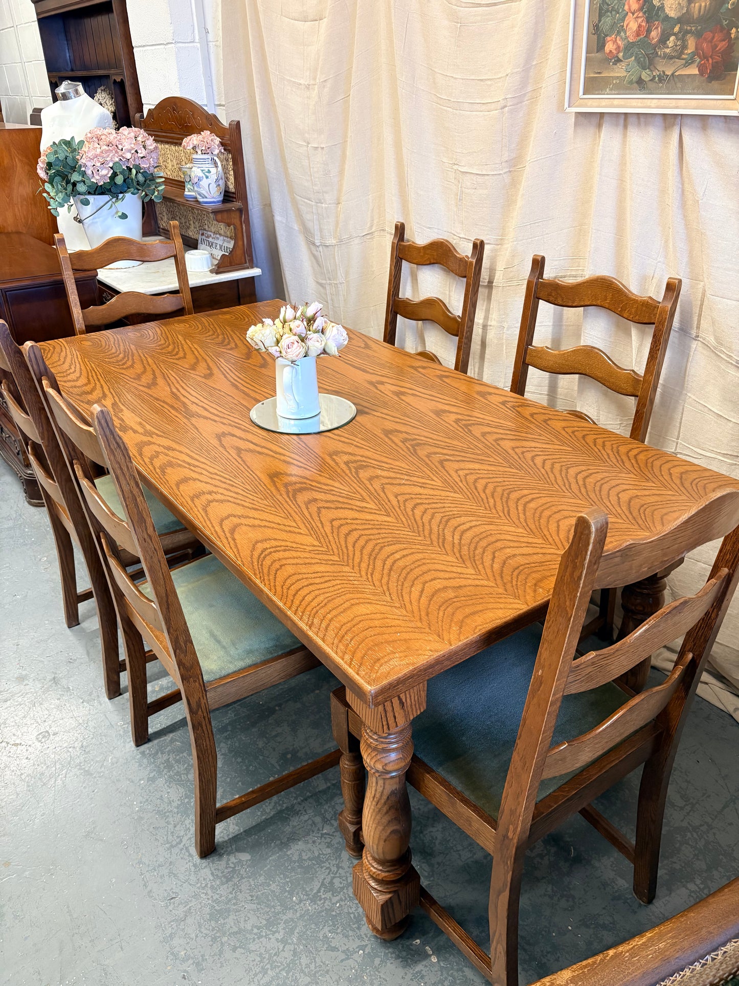 Belgium Oak Refectory Dining table with 6 Wavy Back Chairs
